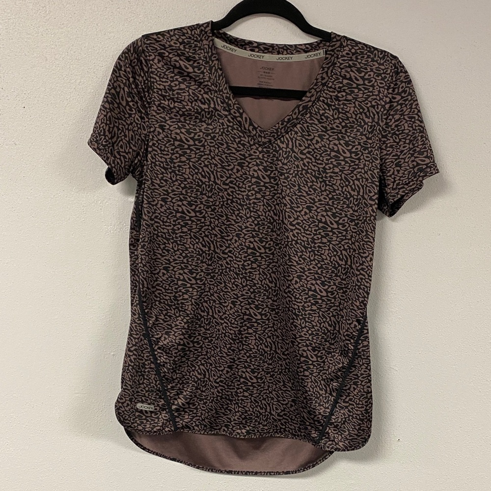 Jockey Brown and Black Leopard-Print V-Neck Short Sleeve Top
